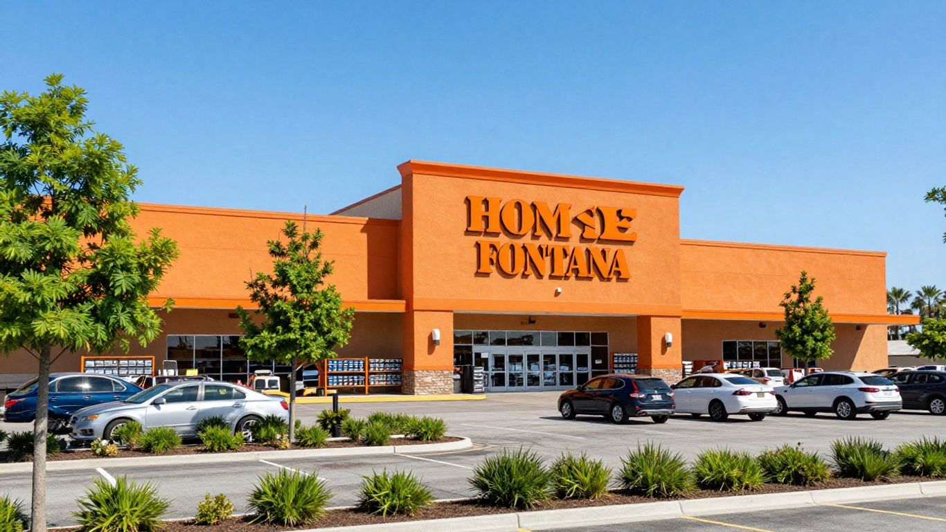 Home Depot Fontana store exterior with orange facade and trees.