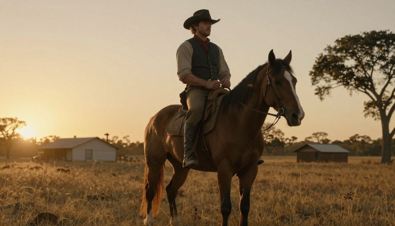 Cena cinematográfica de Arthur Morgan cavalgando pelo pôr do sol no oeste americano