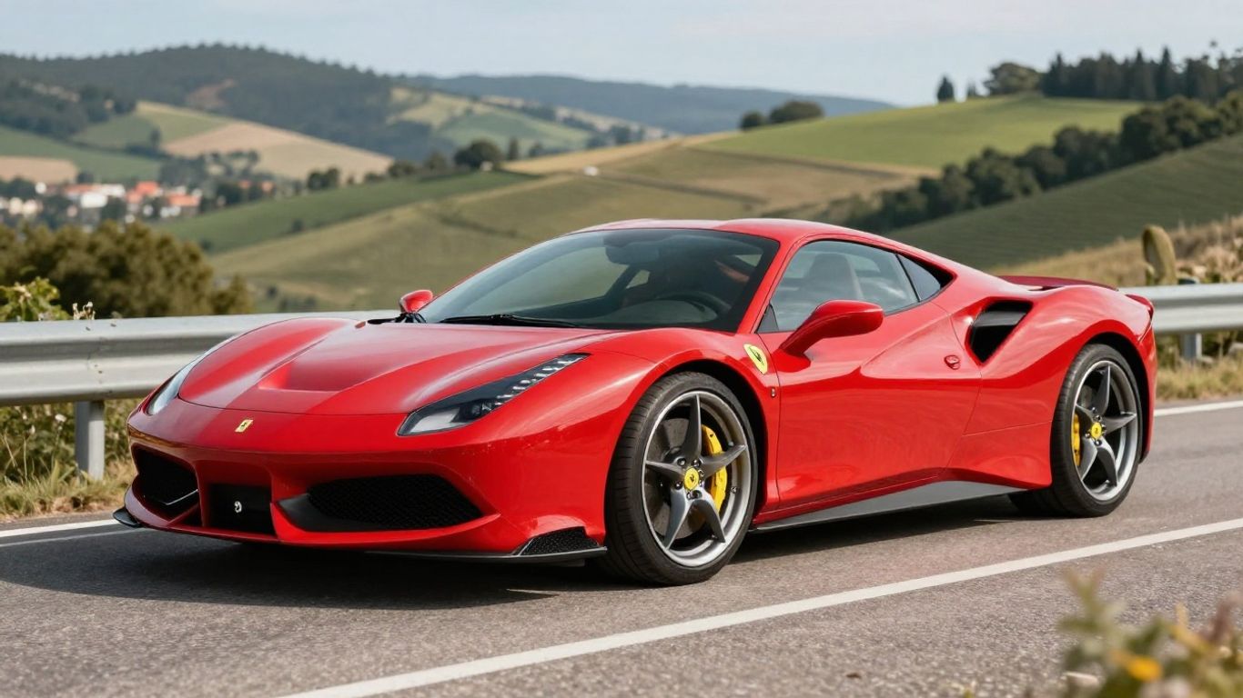 Red Ferrari parked on a scenic road.