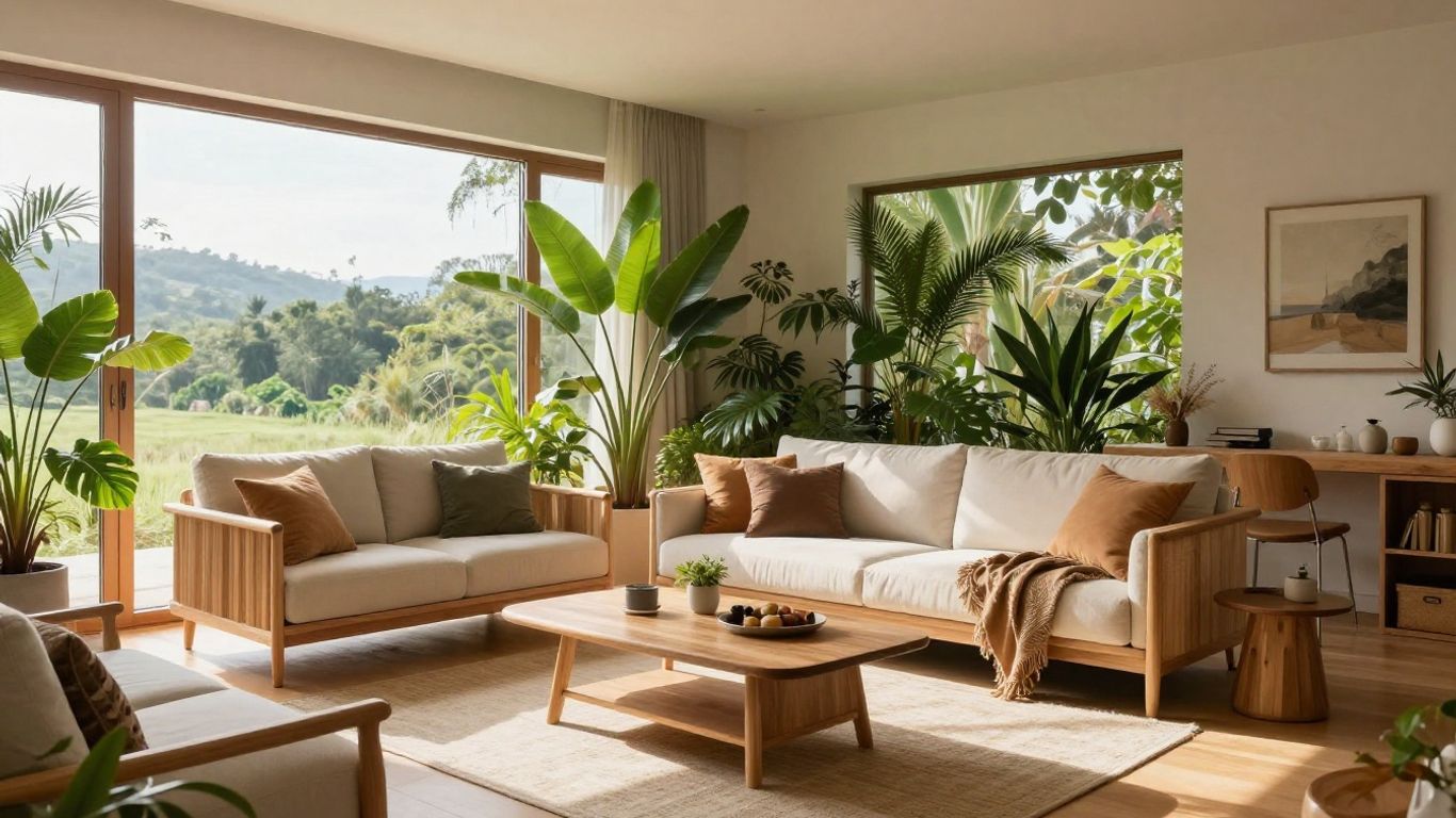 Minimalist living room with plants and natural light.