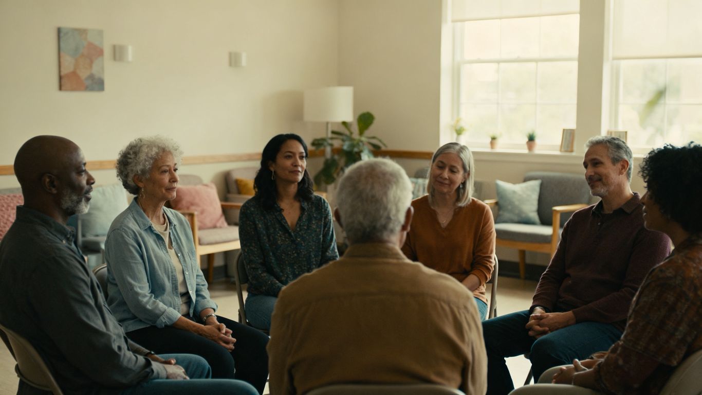 Diverse people talking in a supportive circle