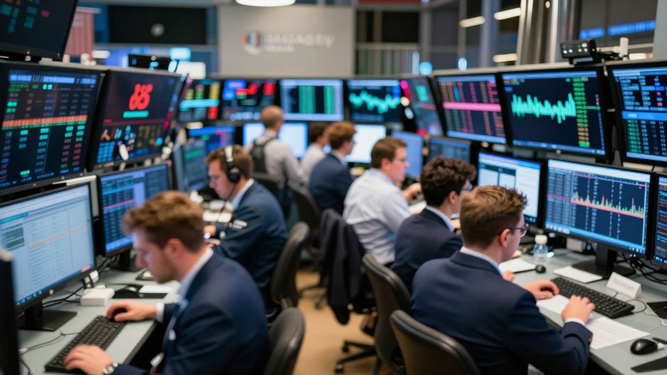 Traders reacting to market news on a busy trading floor.