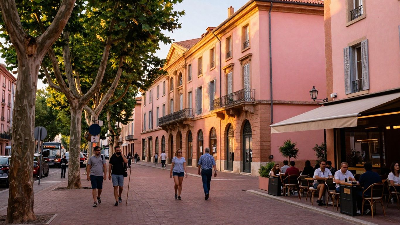 Façades roses et rues animées de Toulouse