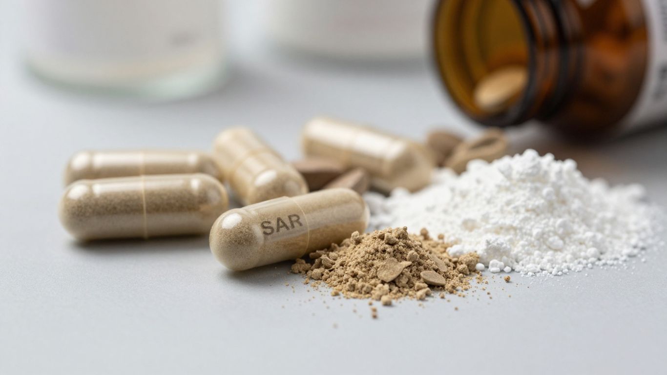 SARMs capsules and powders on a neutral surface.