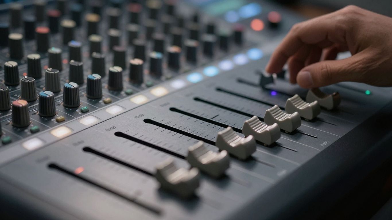 Audio mixing console with glowing faders and knobs.