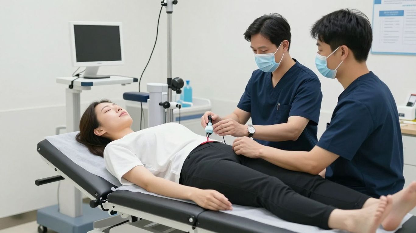 Clinician adjusting cervical decompression equipment