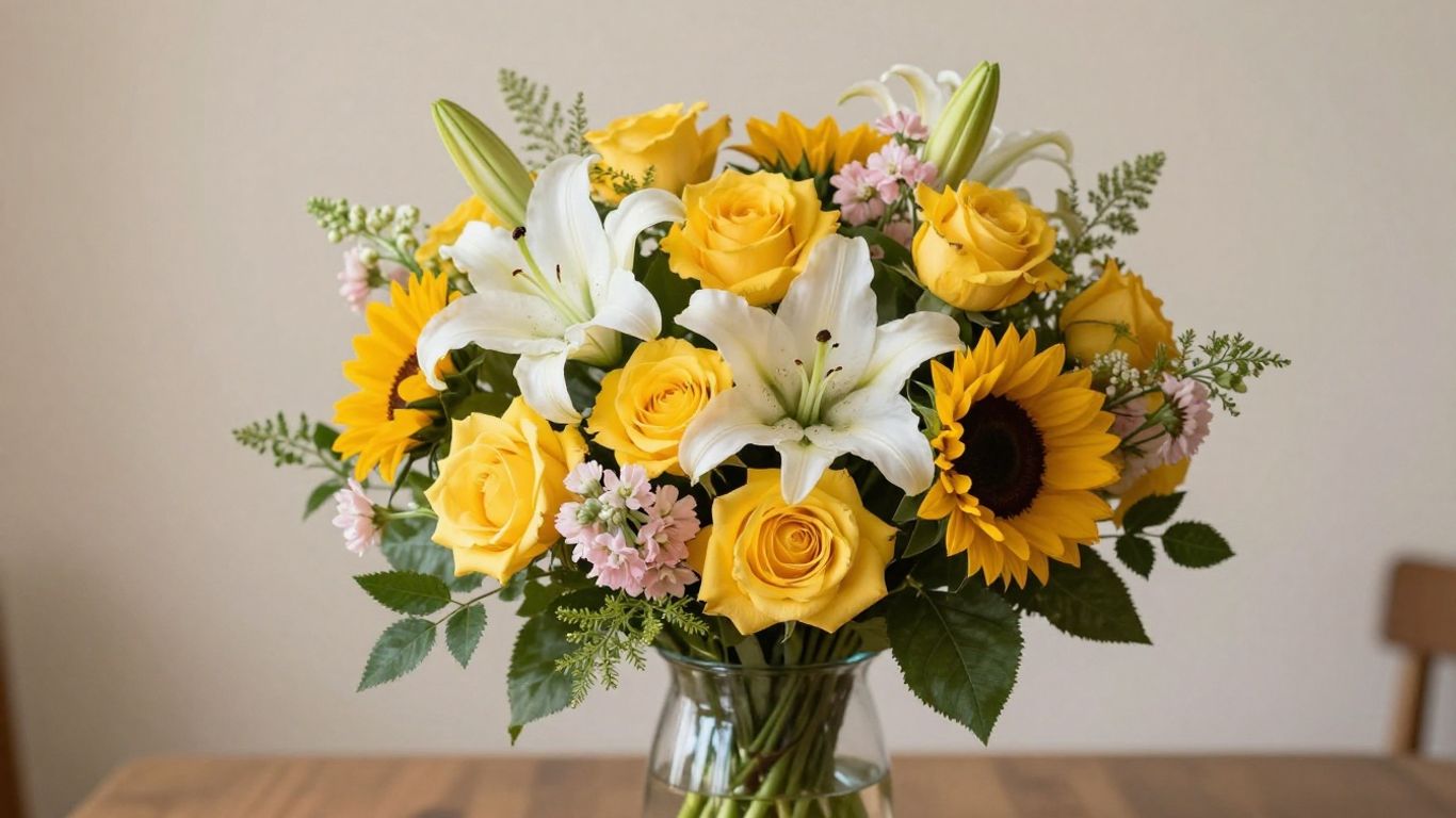 Bright celebratory bouquet with varied flowers
