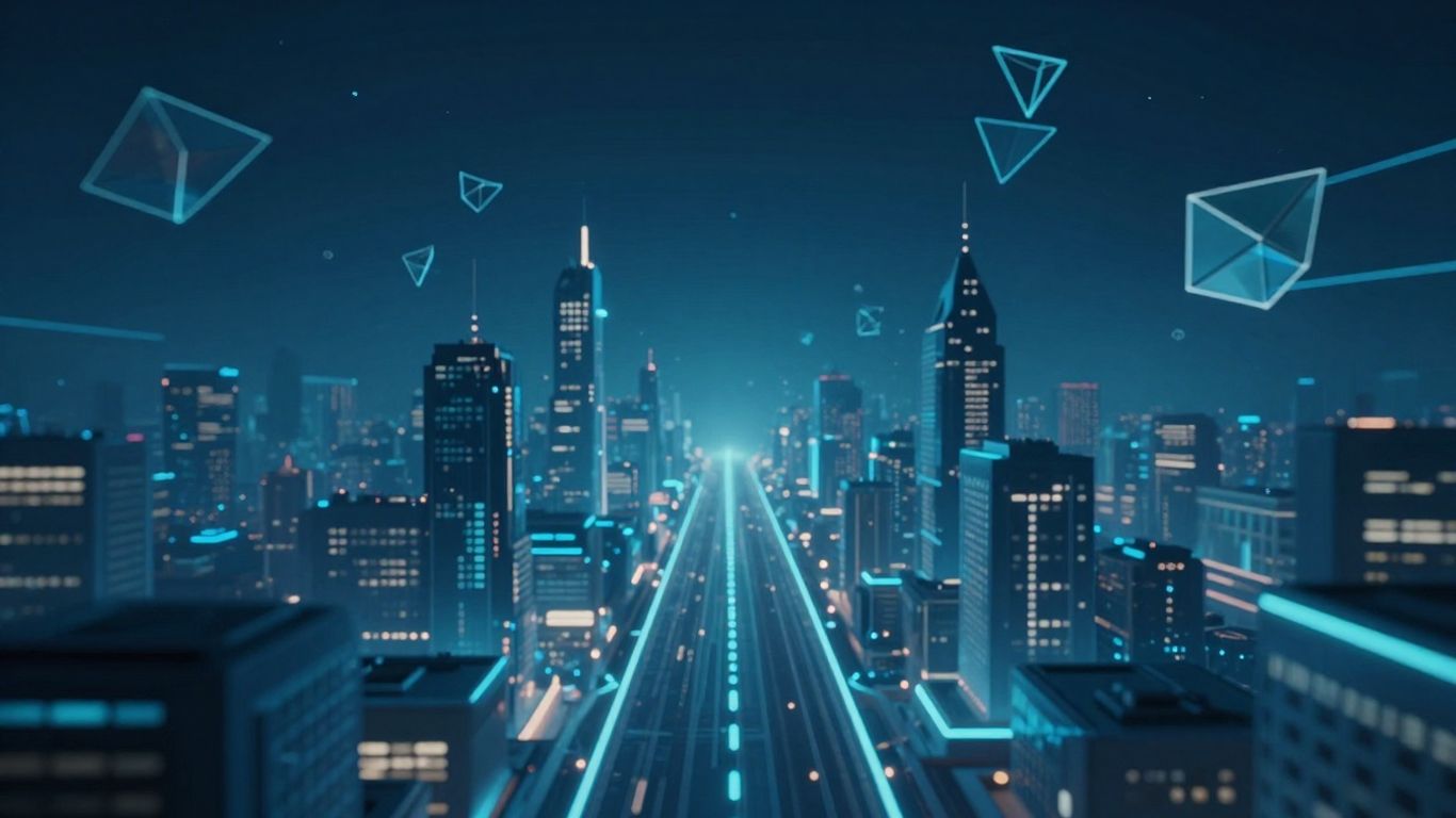 Futuristic cityscape with digital pathways and abstract data shapes.