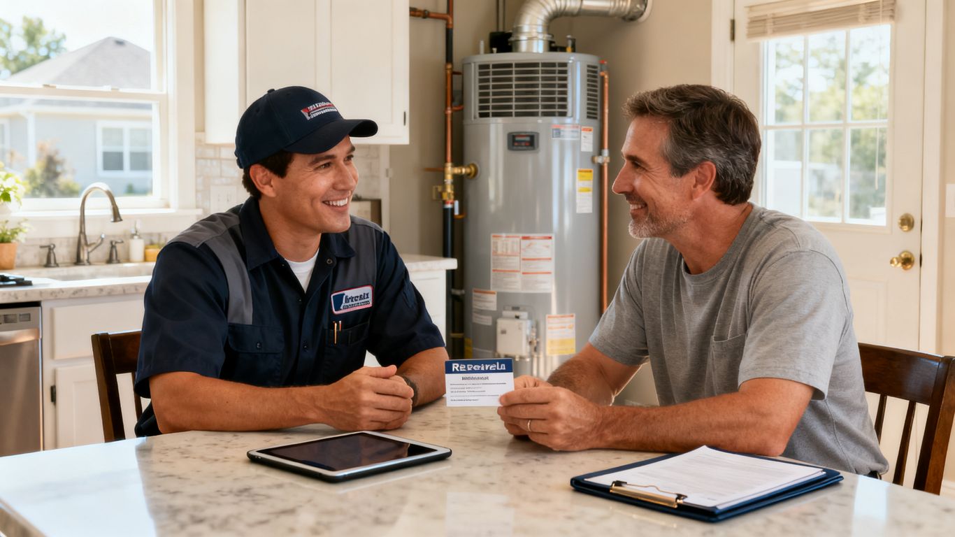 HVAC technician discussing referral rewards with homeowner