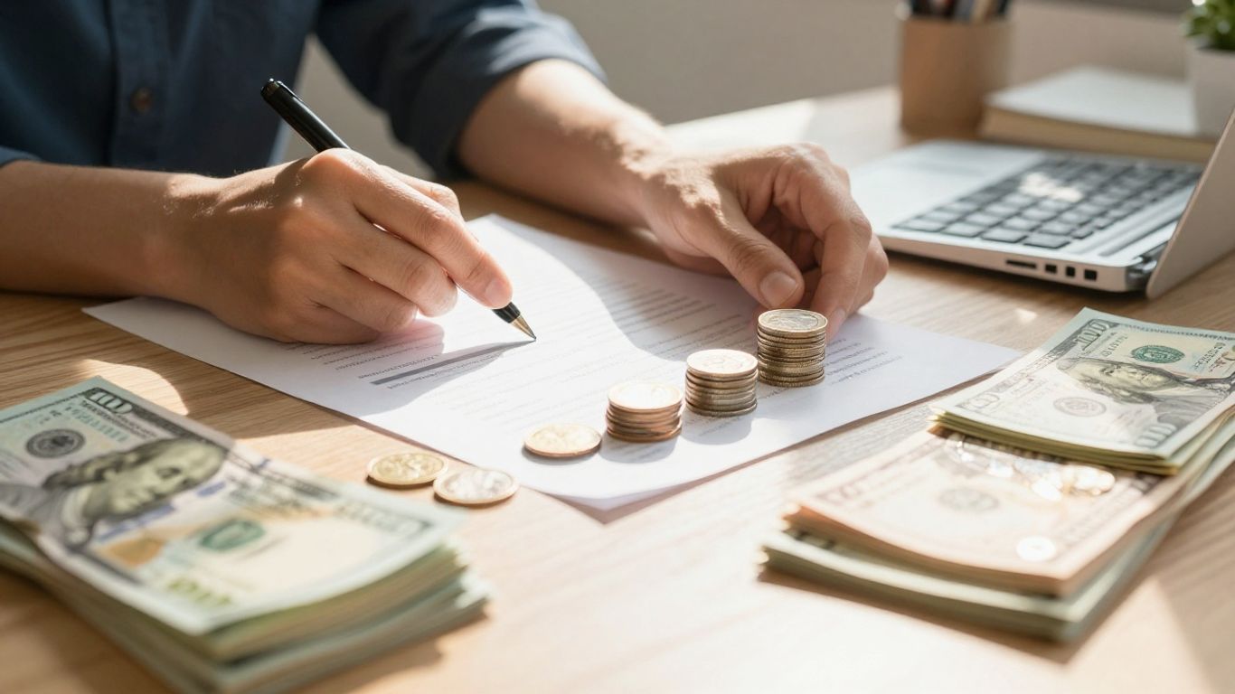 Persona planeando finanzas y ahorrando dinero.