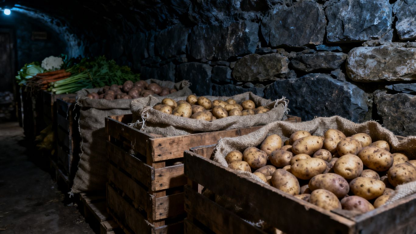 Aardappelen in een koele donkere kelderopslag