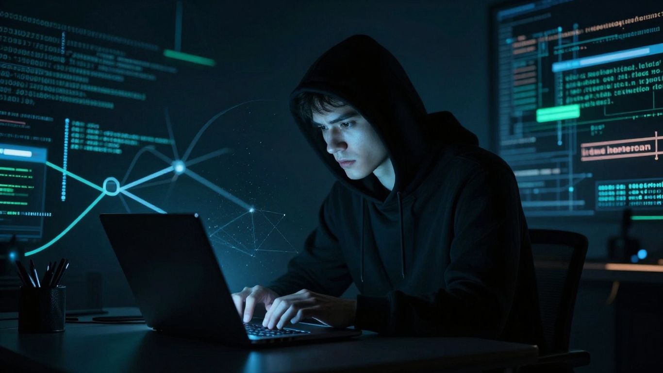 Figura umbroasă pe un laptop cu cod digital.