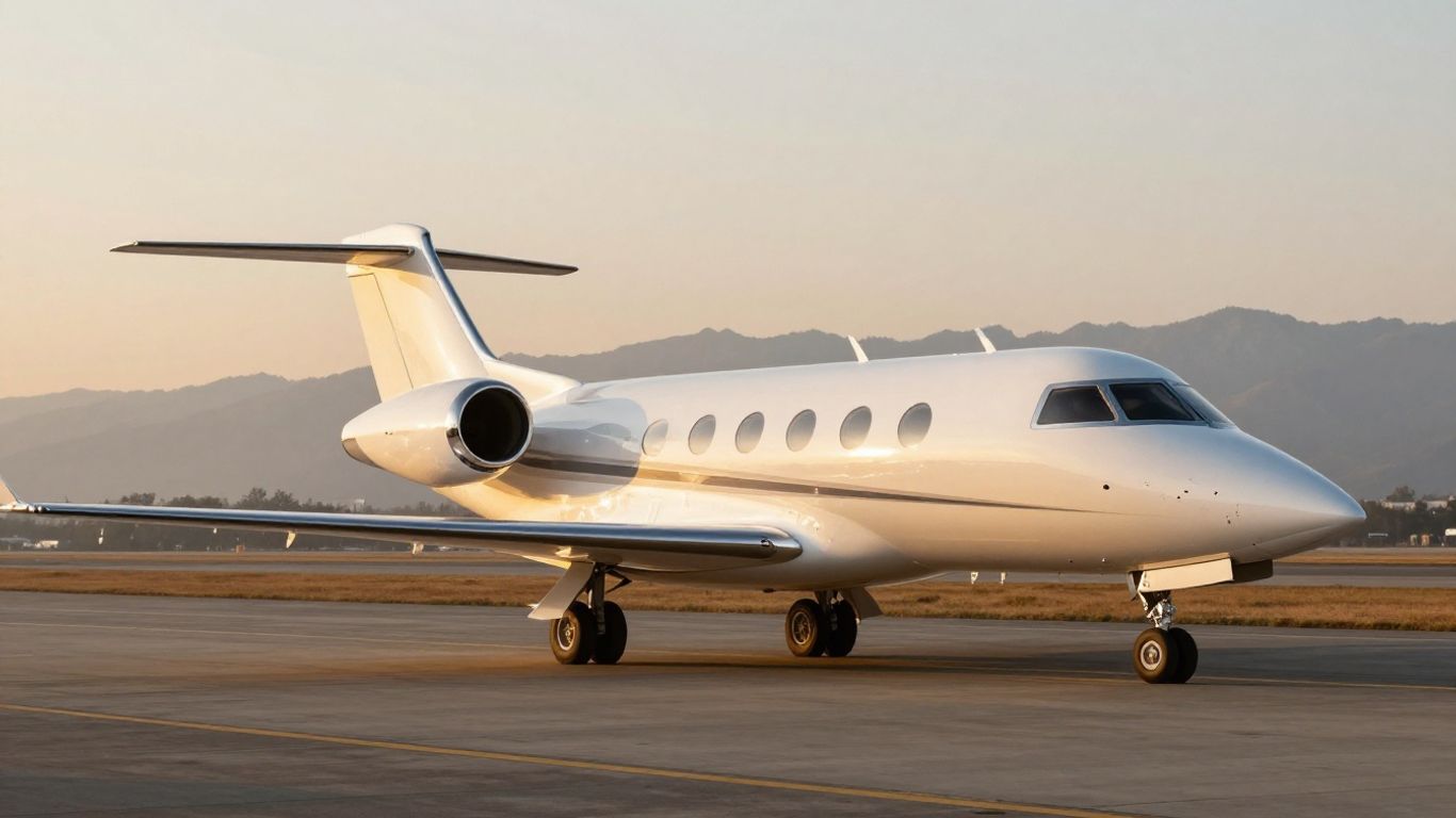 Modern very light jet on sunrise runway.