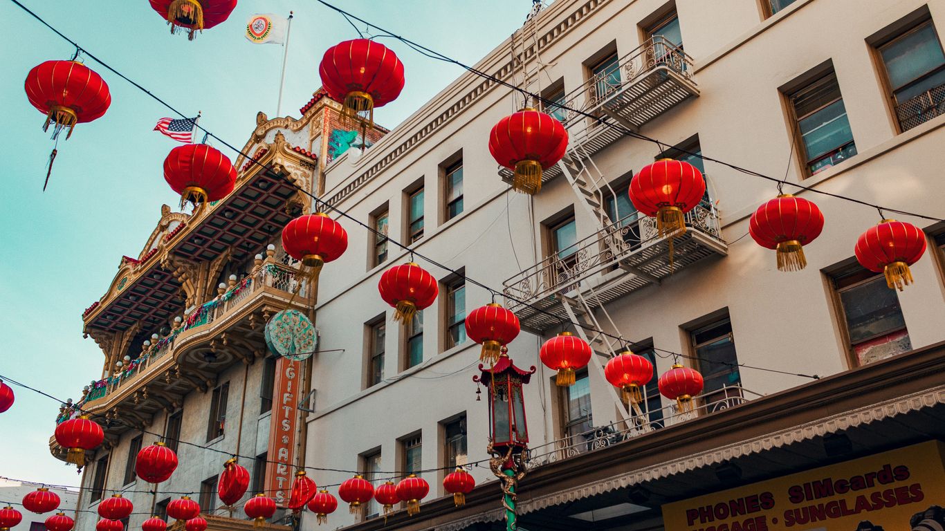 Temple roof and shophouses in Chinatown