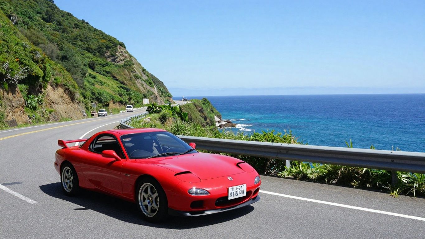 Mazda RX-7 parked on a scenic coastal highway overlook.