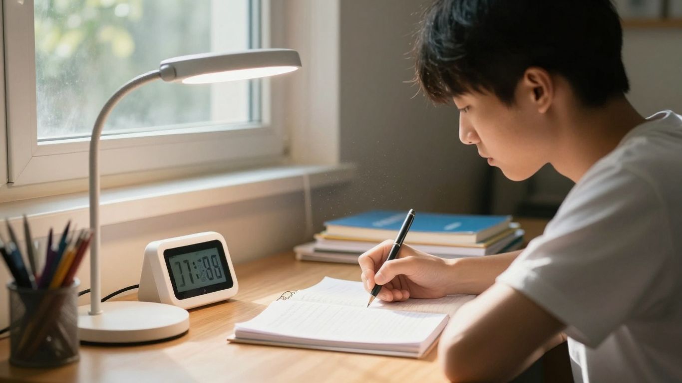 Student studying with a timer, focused and productive.