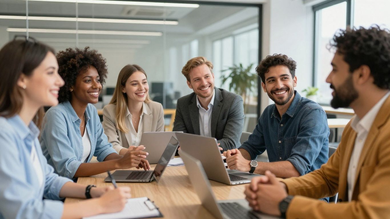 Personas sonriendo y colaborando en una reunión de negocios.