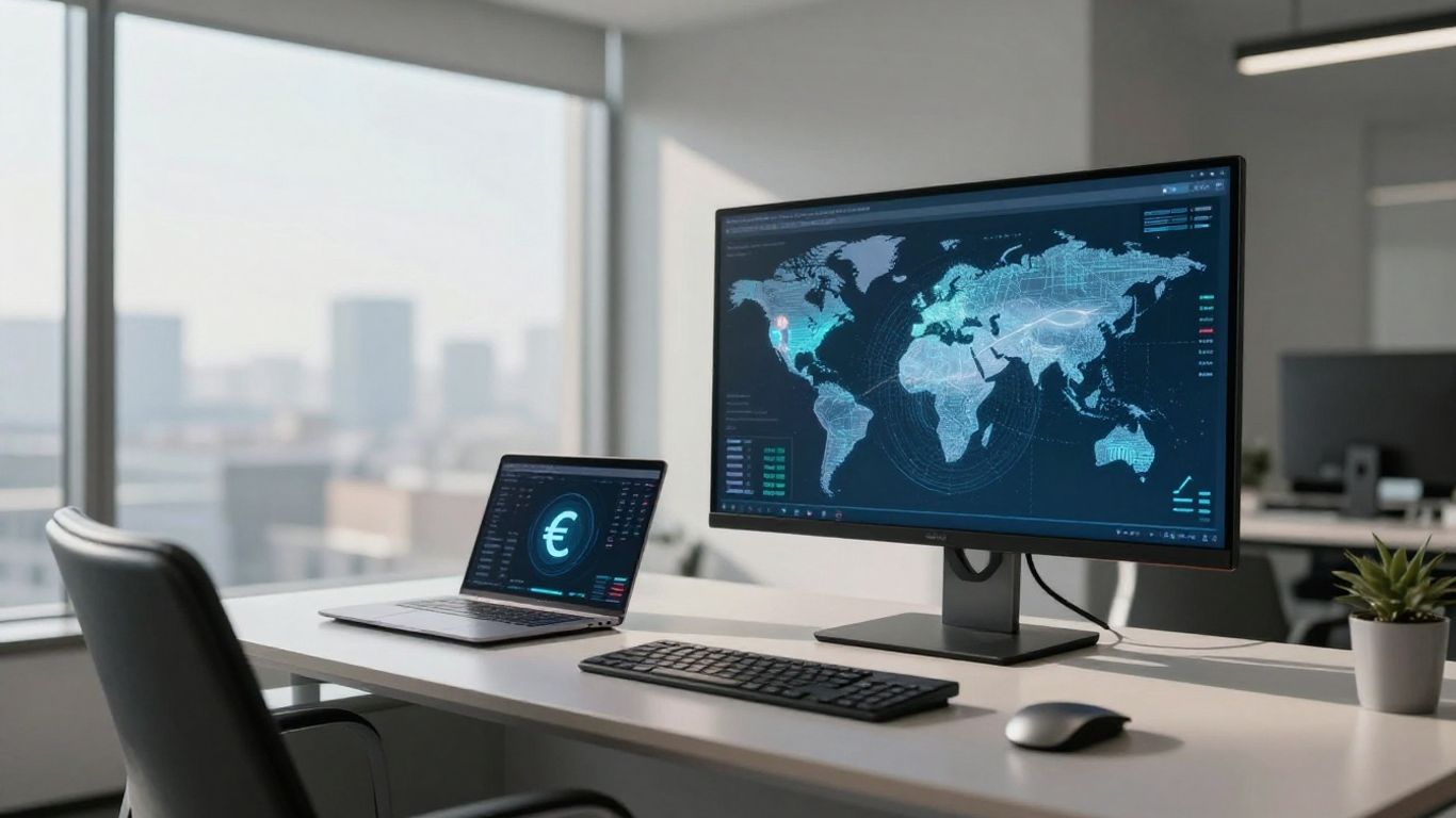 Interactive Brokers office with financial data display.