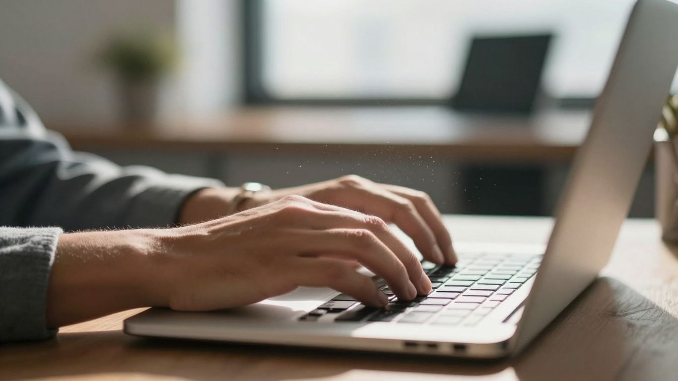 Hands typing on a laptop keyboard