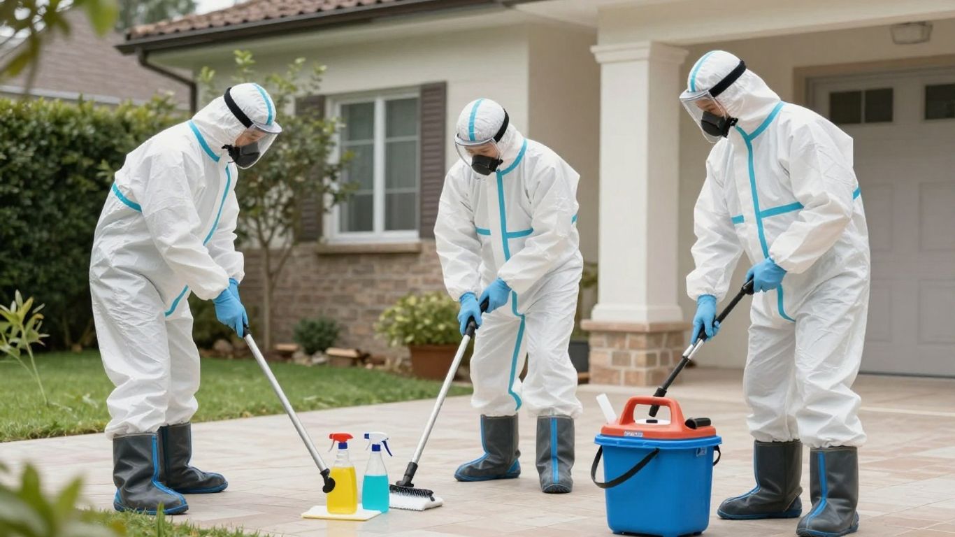 Biohazard cleanup crew working in a residential setting.