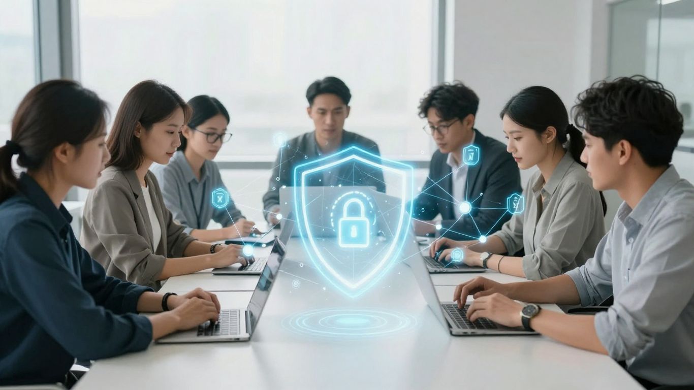 Team working in modern office with digital security elements.