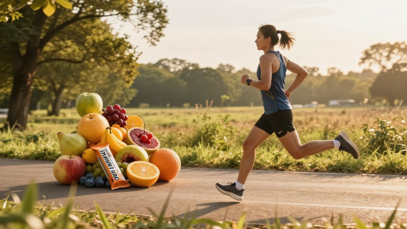 Corredor em trilha com frutas e barras energéticas.