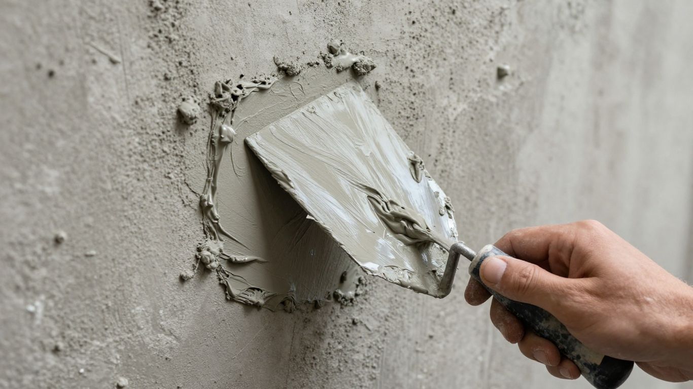 Plasterer smoothing concrete wall with a trowel.