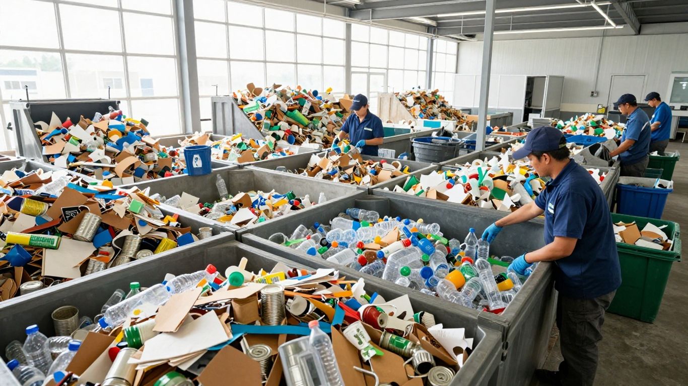 Organized recycling facility with sorted waste materials.