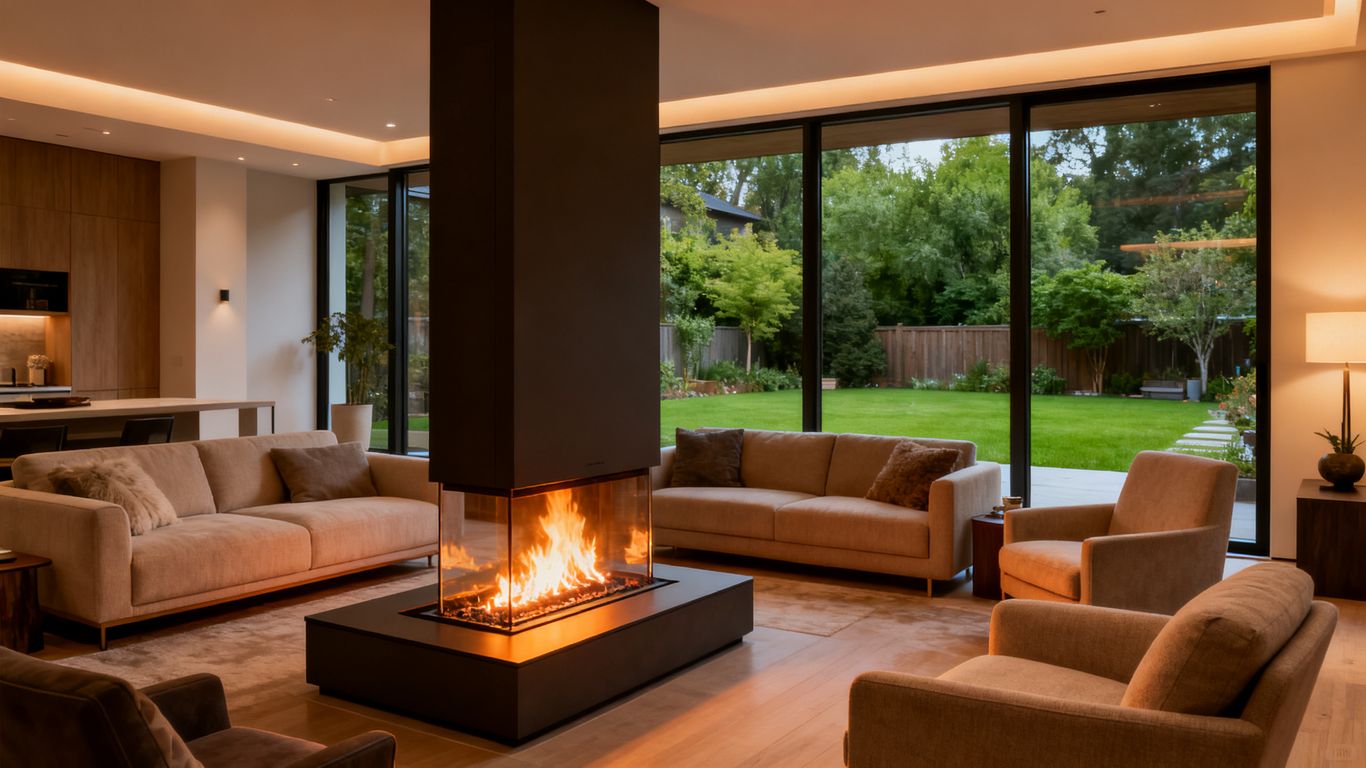 Cozy living room with a modern gas fireplace.