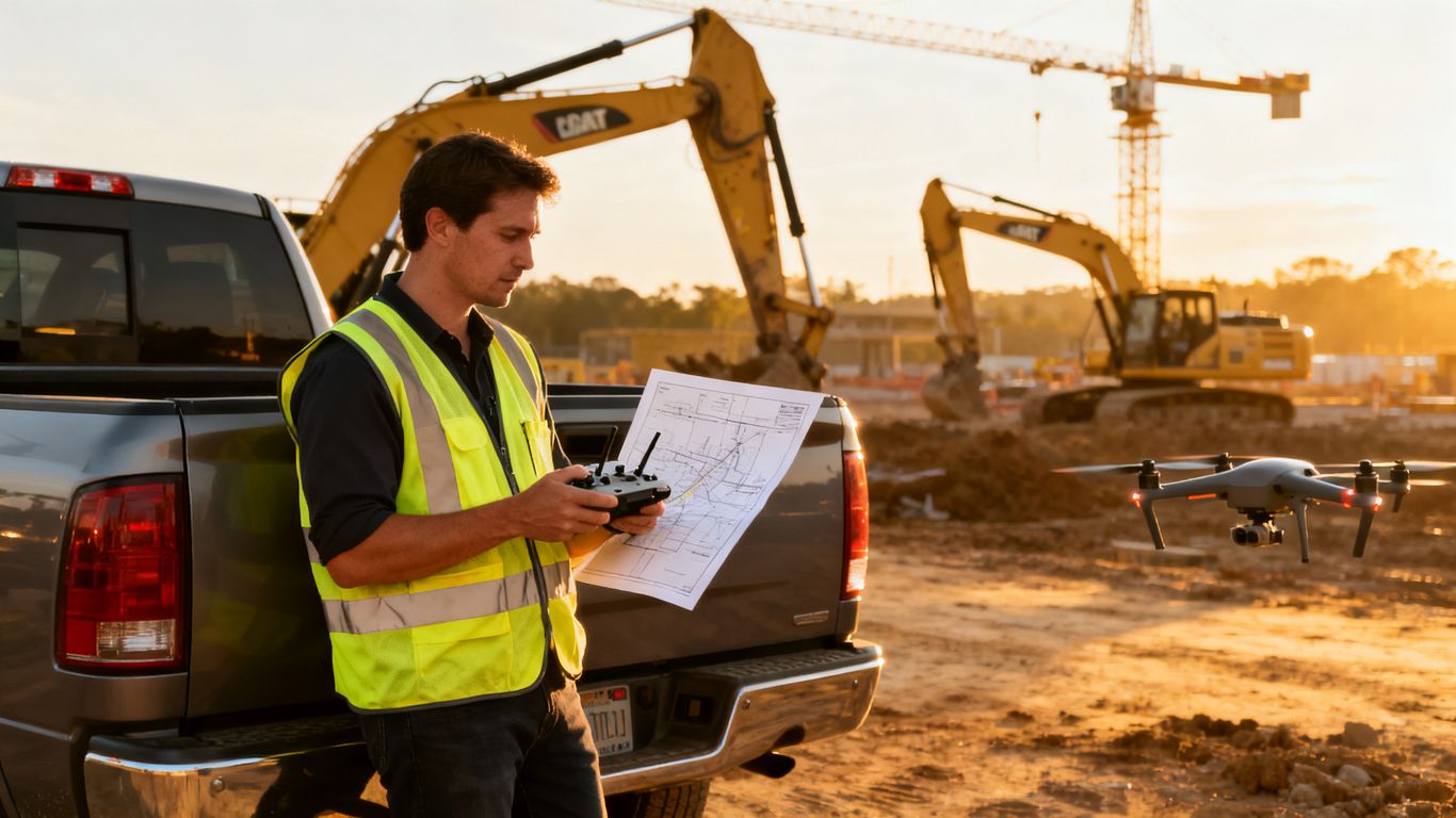 Drone operator reviewing construction flight plan