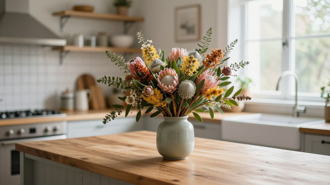 Floral arrangement in a bright, sunlit room
