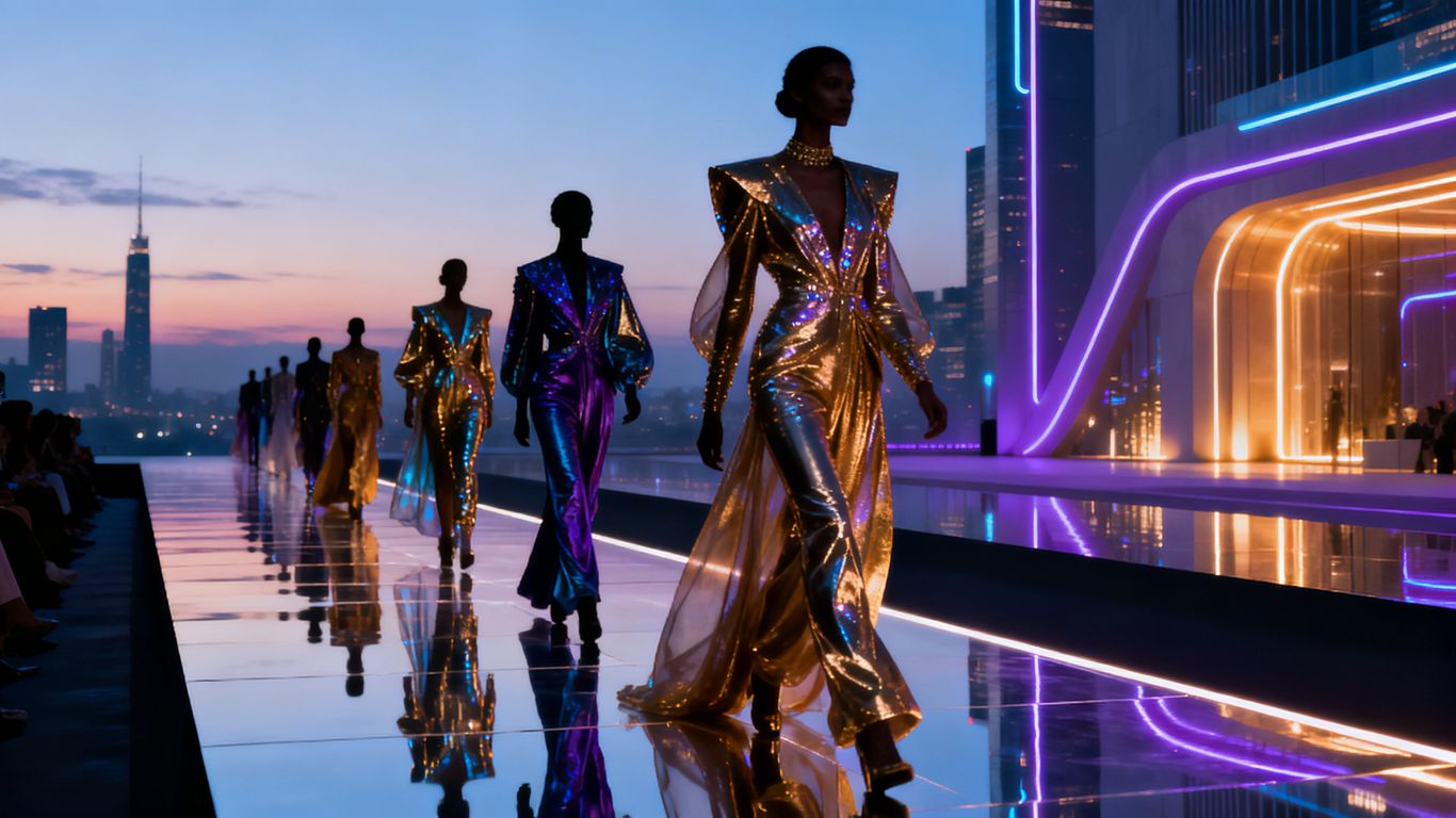 Luxury style trends for 2025-2026 cityscape fashion runway.