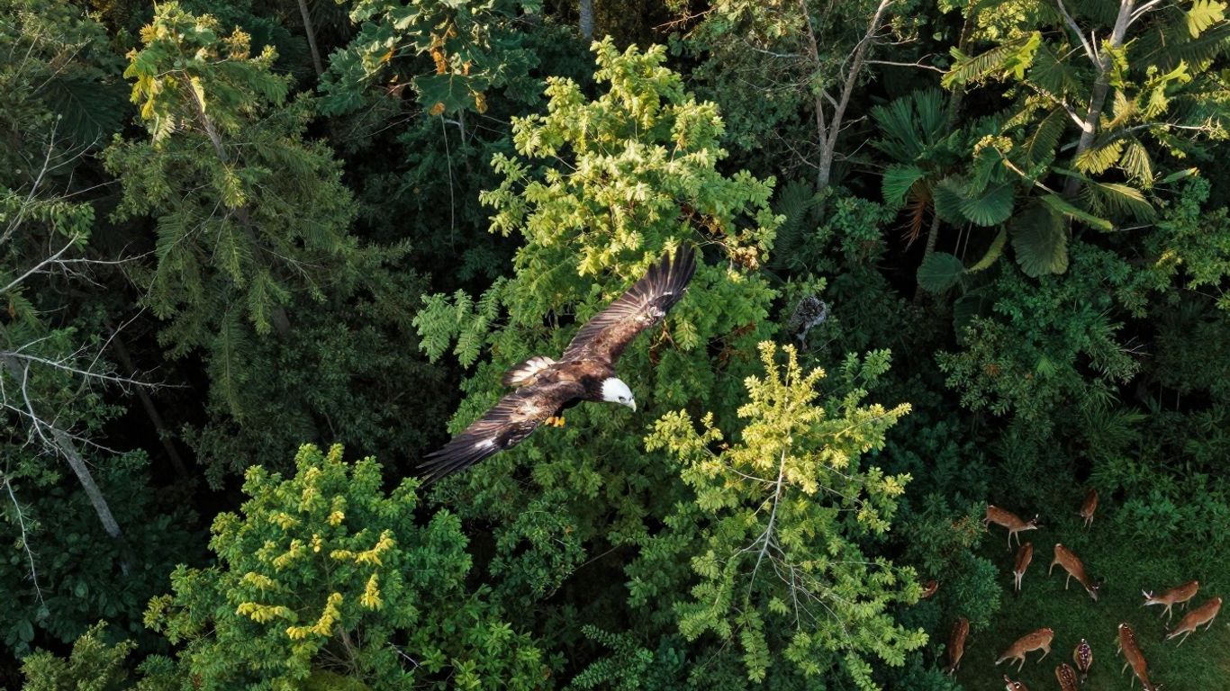 Drone capturing wildlife in a forest.