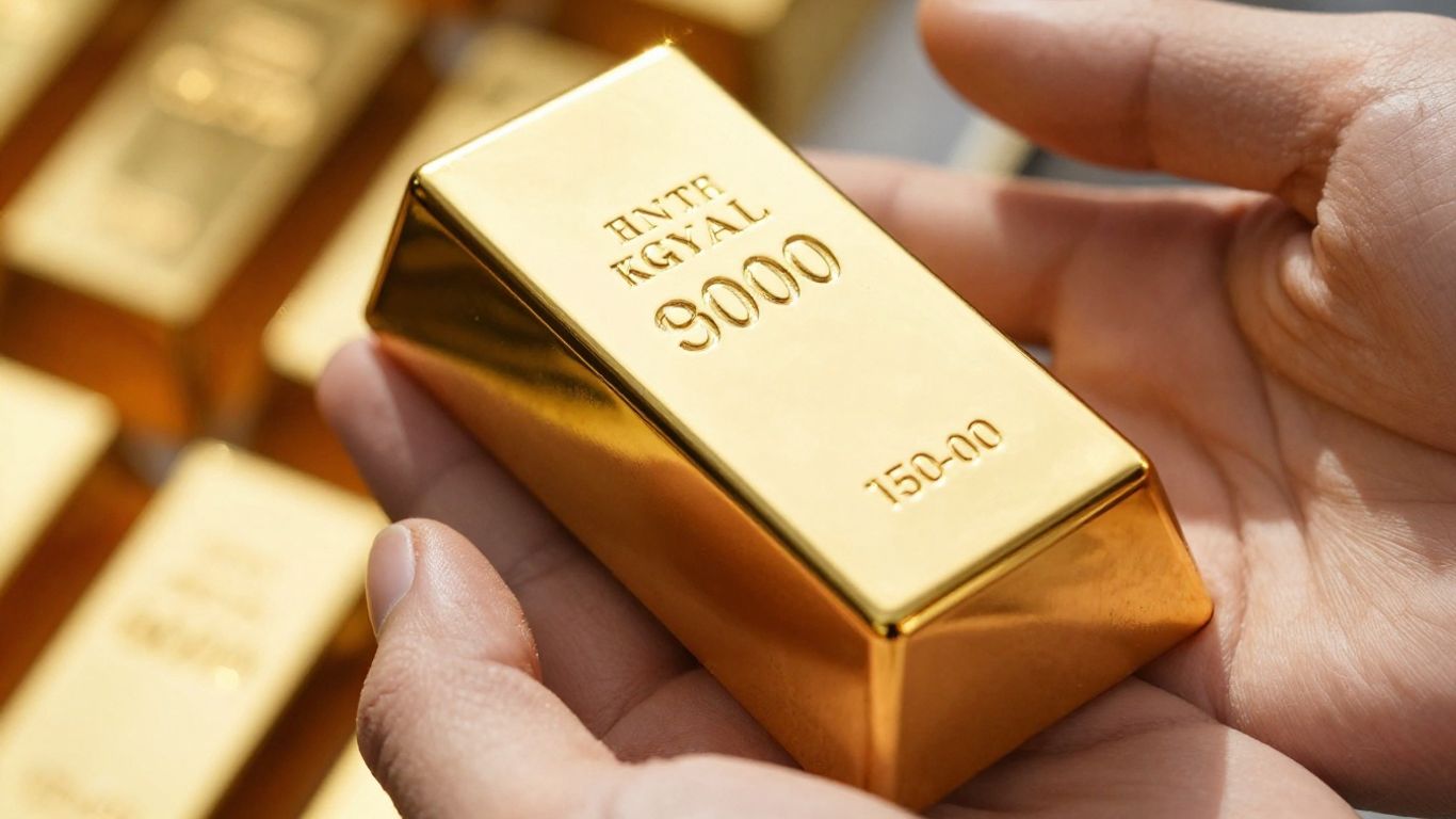 Main d'une personne tenant une barre d'or.