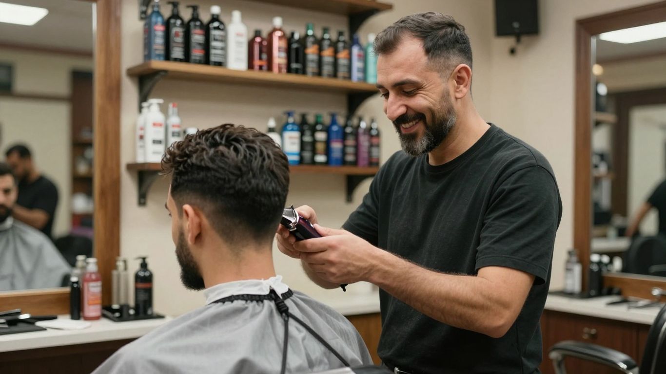 Kurdish barber with clippers and client in shop.
