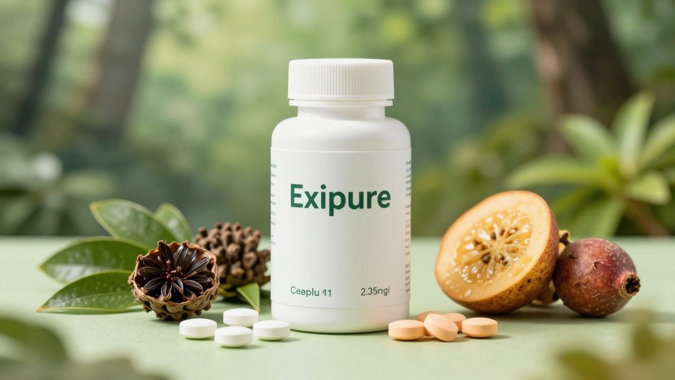 Exipure bottle with natural ingredients and forest background.