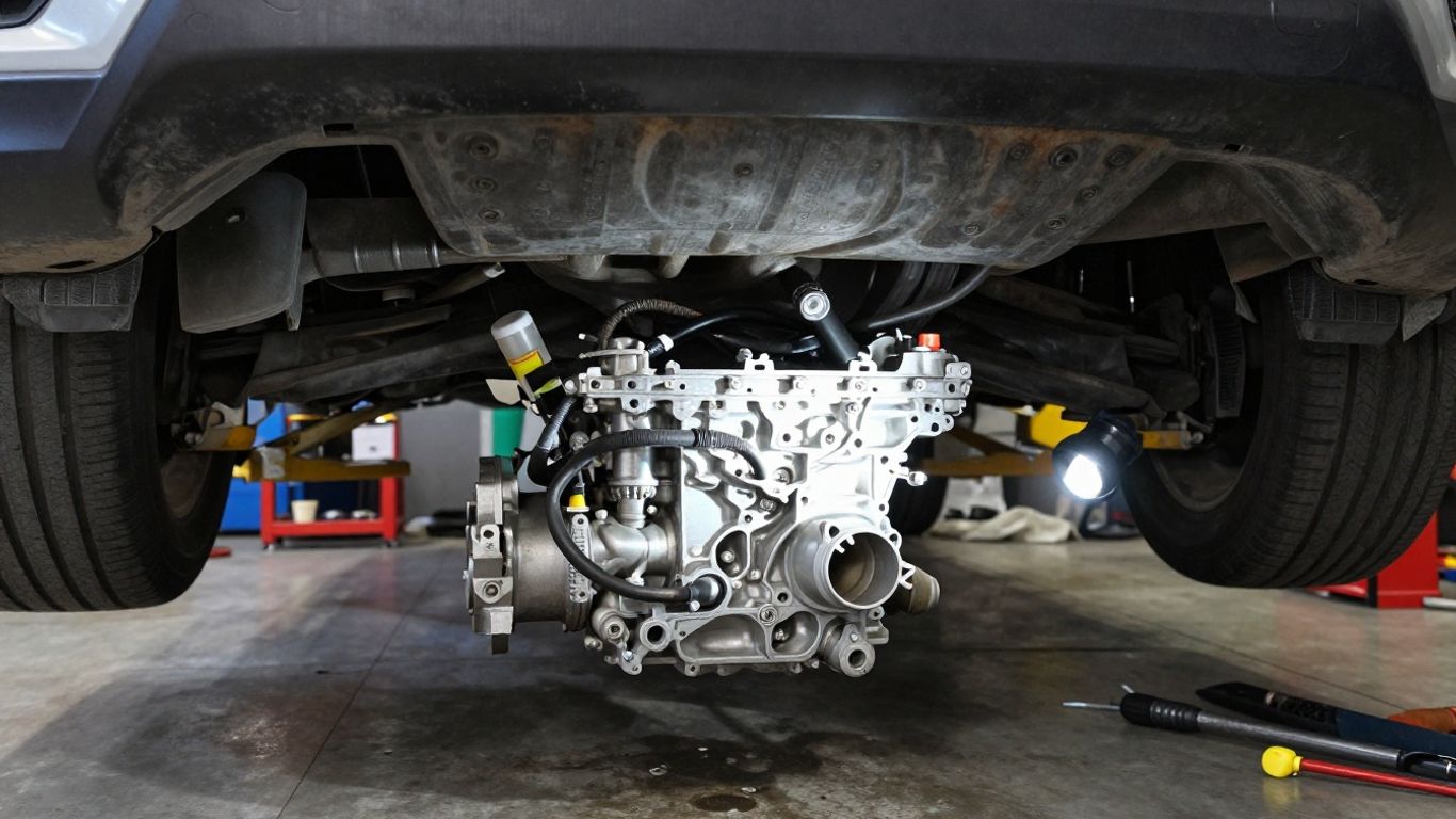 Transmission technician inspecting vehicle underside
