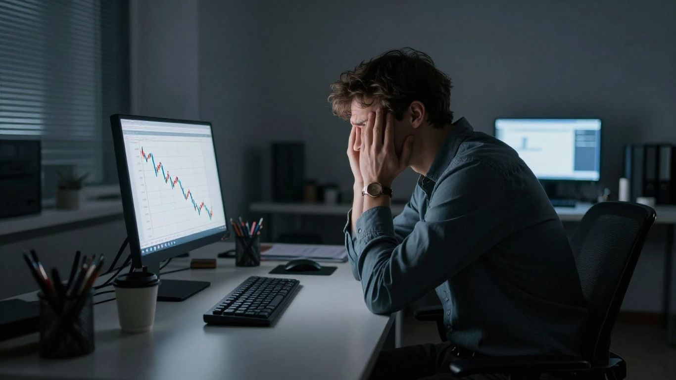 A tense trader monitoring market volatility metrics