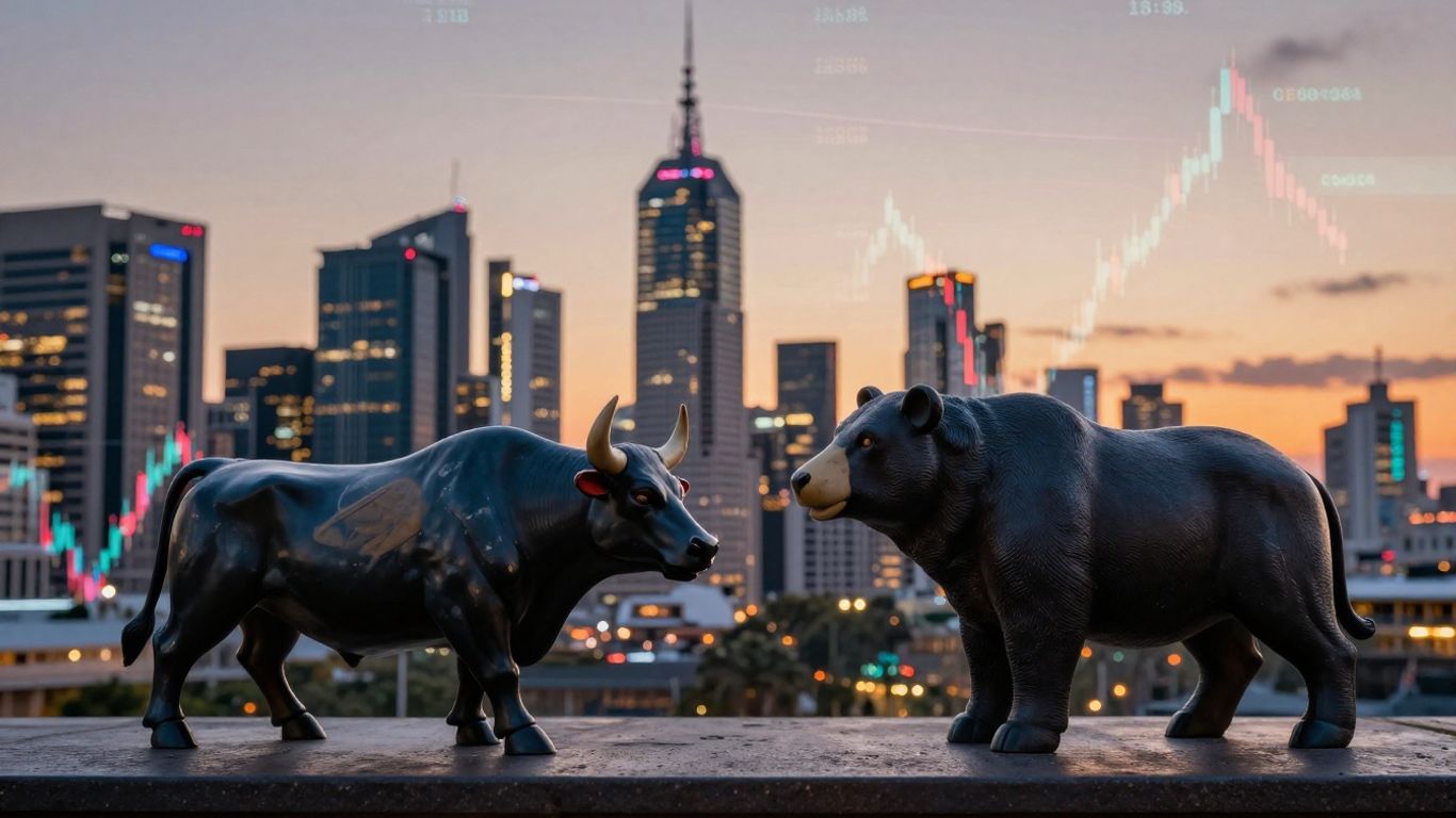 Australian trading scene with bull and bear figurines.