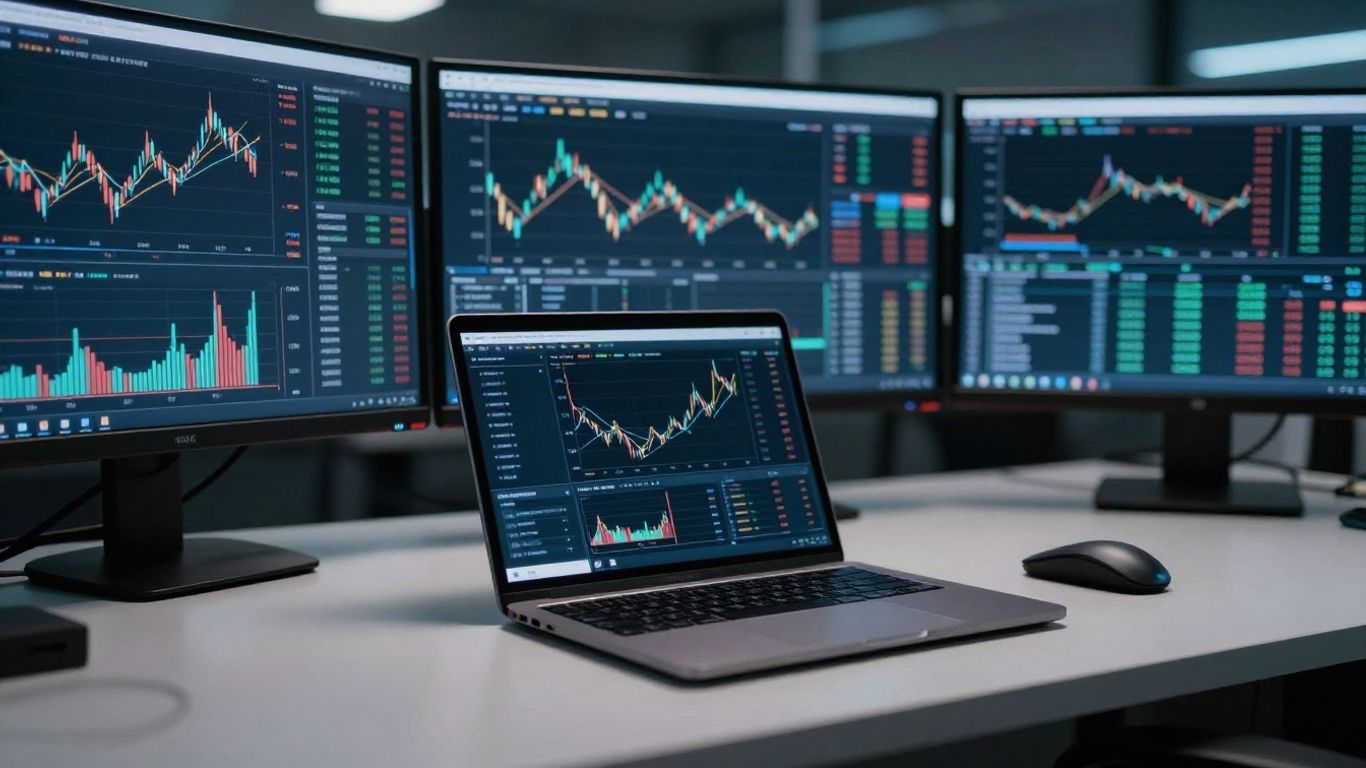 Interactive Brokers trading desk with monitors and laptop.