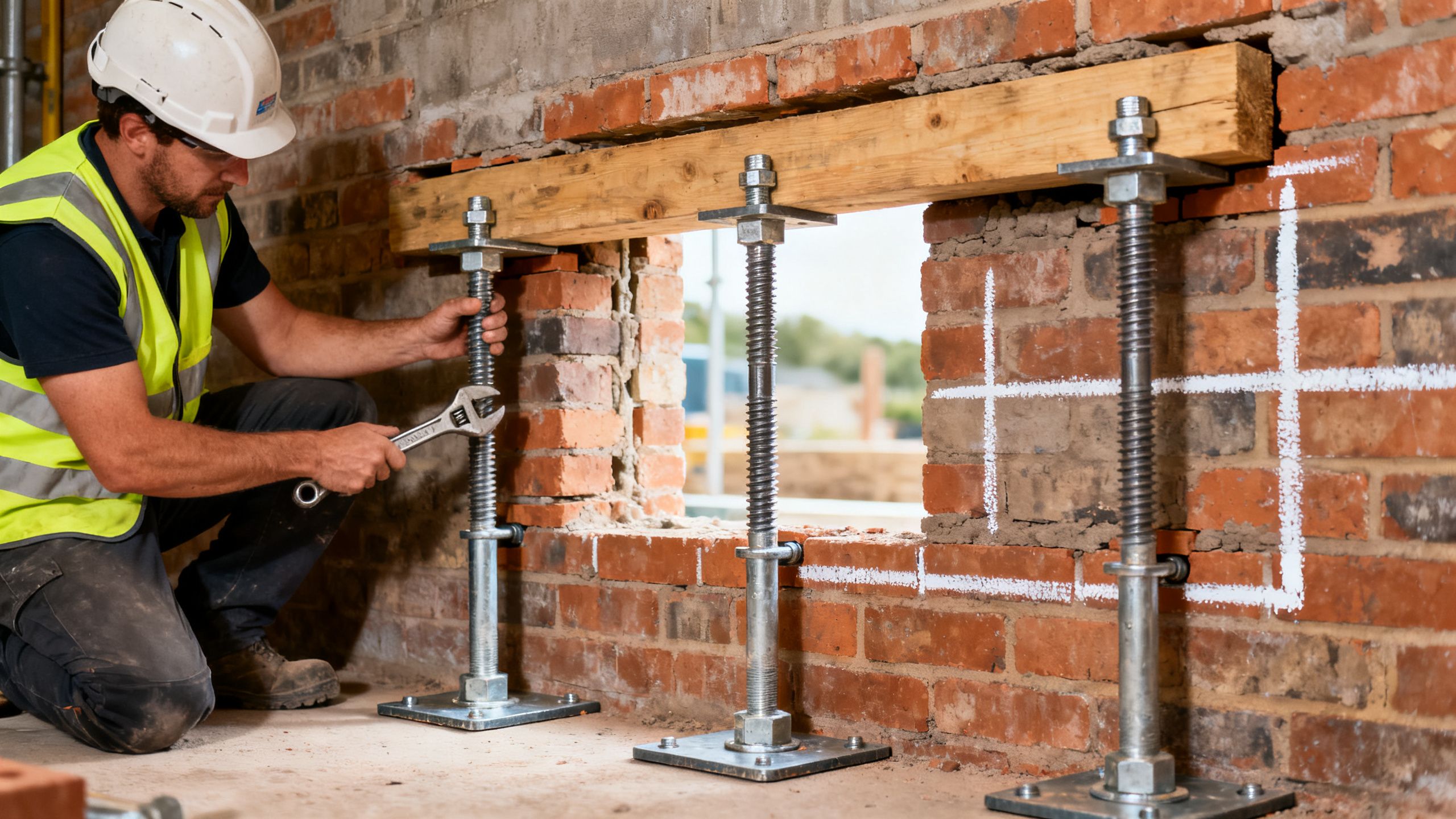 Acrow props and needles installed by a builder to support masonry above a marked structural opening before cutting begins