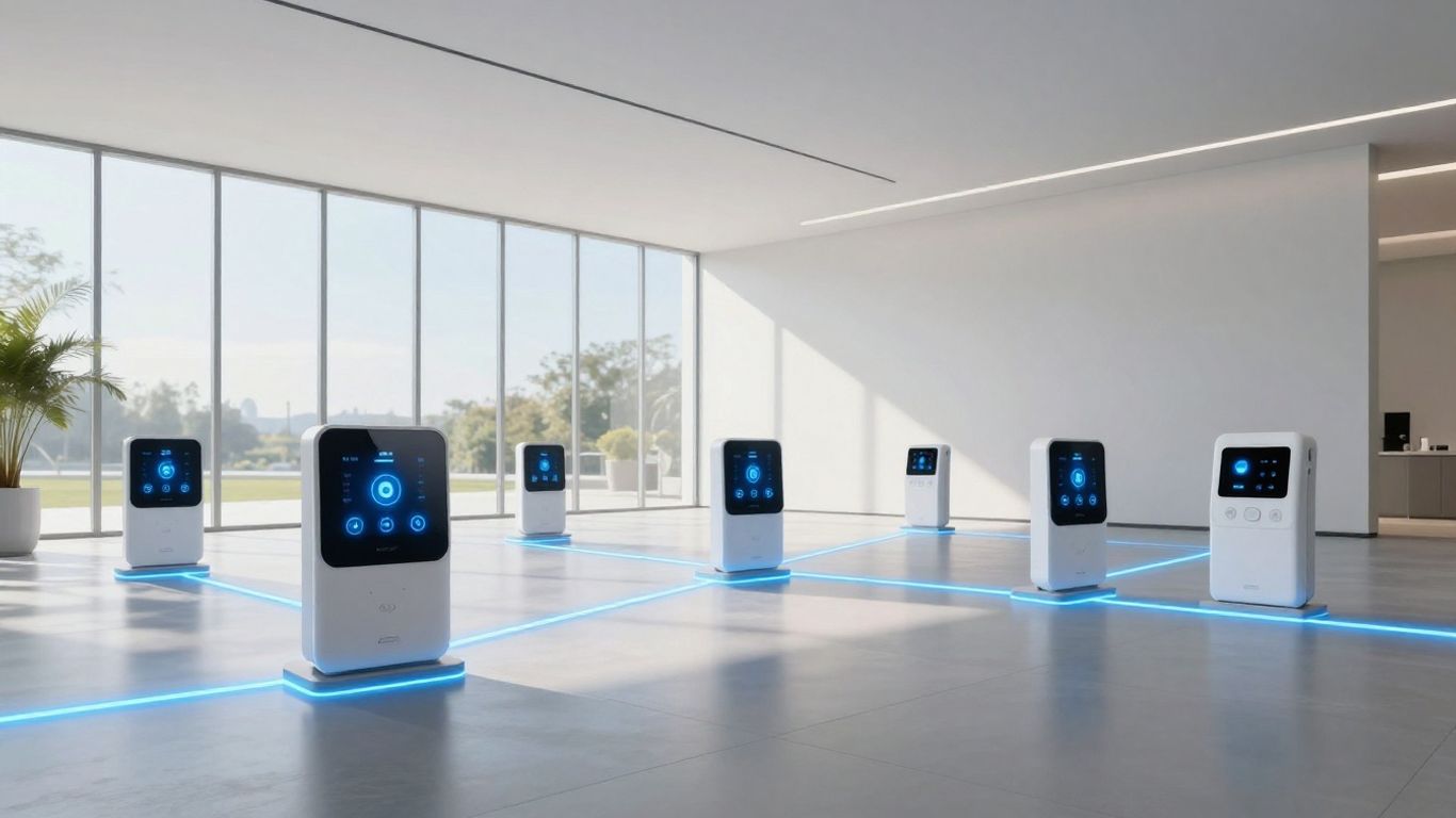 Smart building interior with glowing connectivity lines.