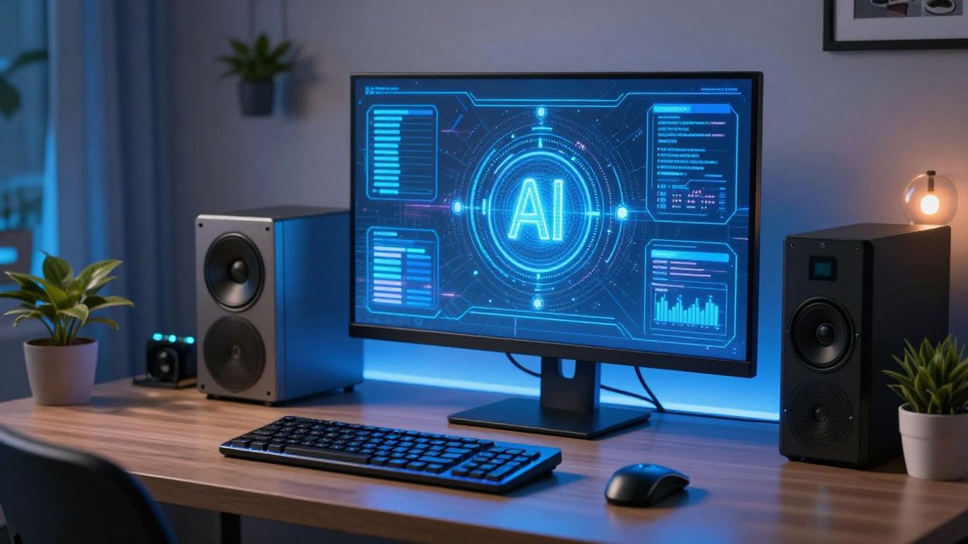 Ordinateur moderne avec ambiance IA sur un bureau tech