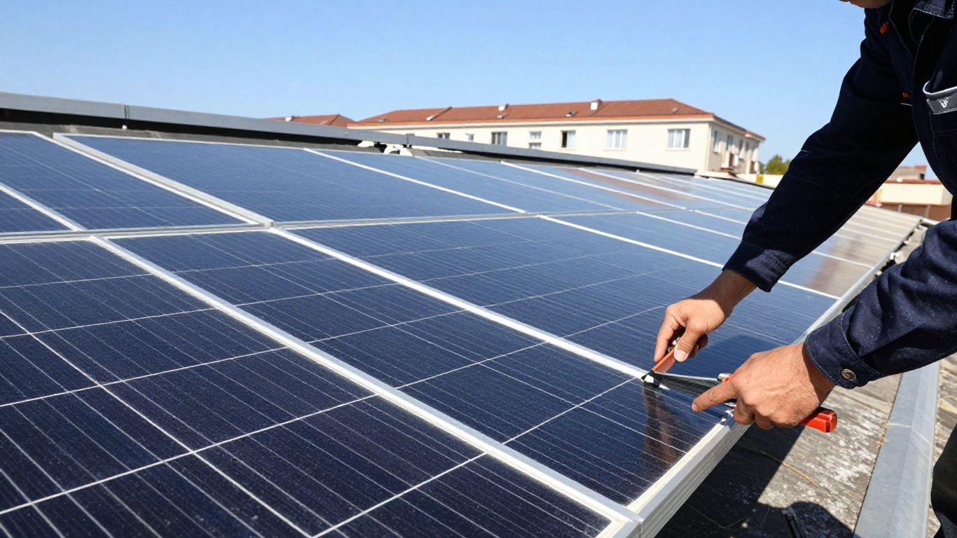 Installation de panneaux solaires sur un toit ensoleillé.