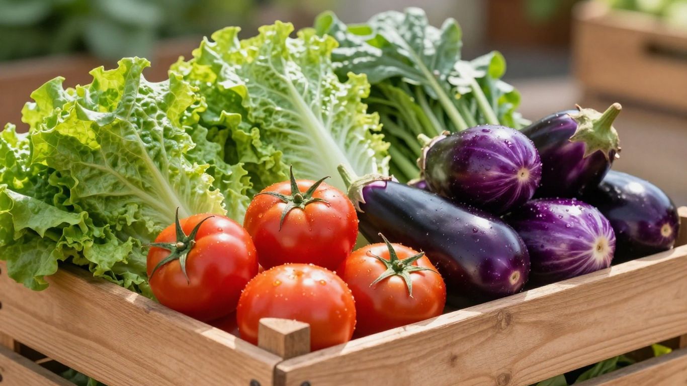 Abondance de légumes bio dans une caisse en bois.
