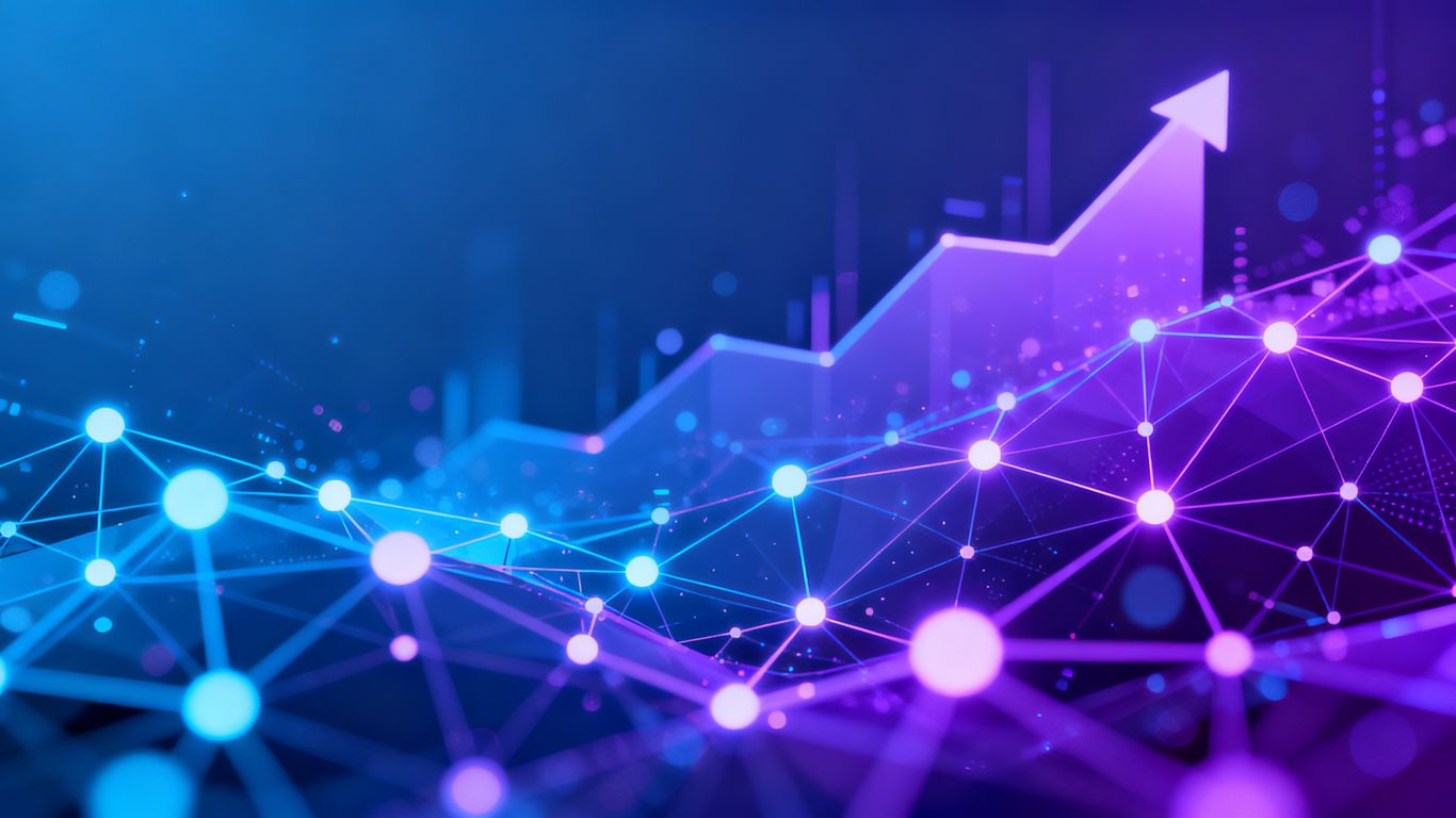 Abstract AI network connecting glowing nodes with upward trend.