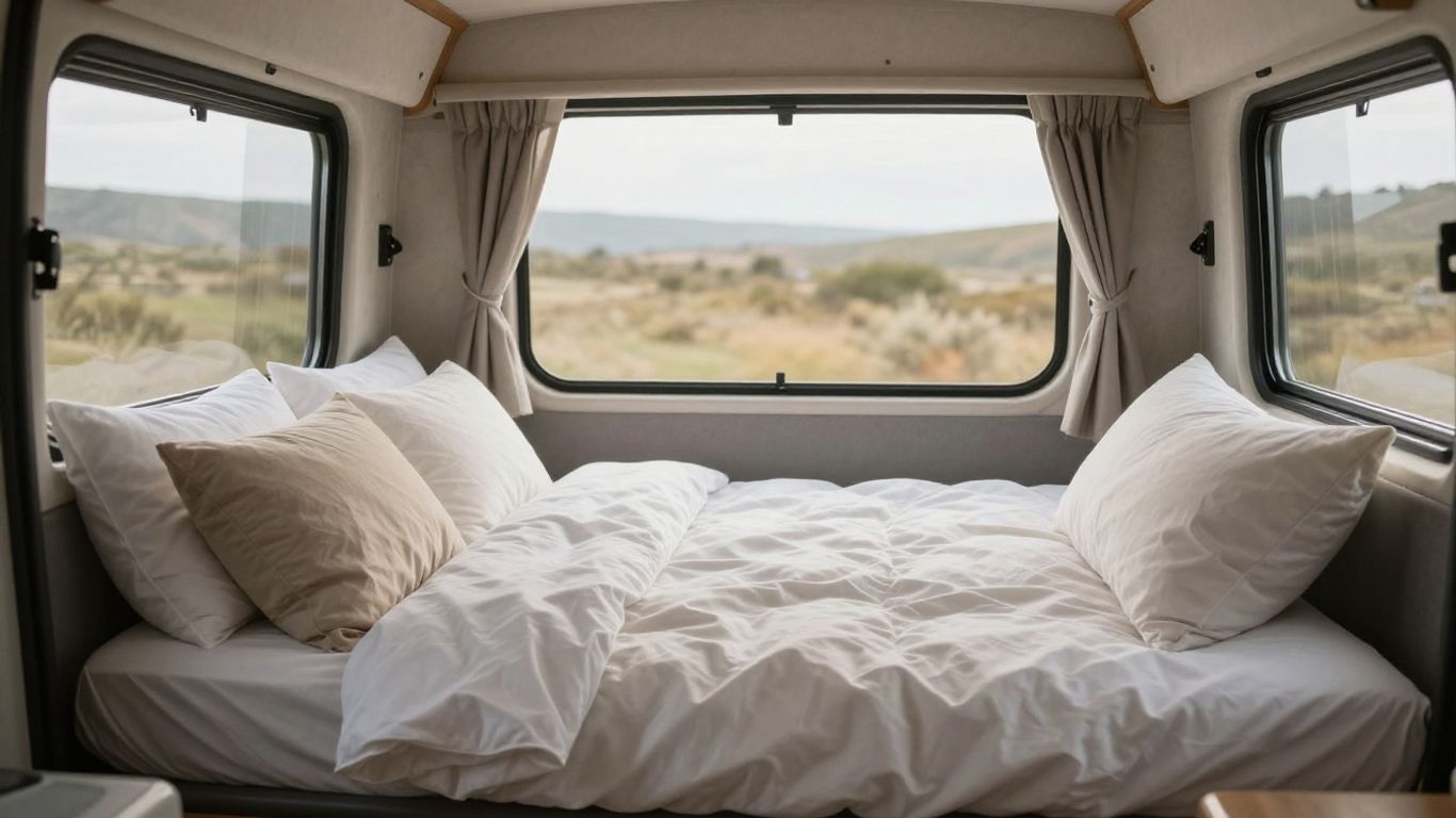 Cozy campervan bedding with pillows and duvet.