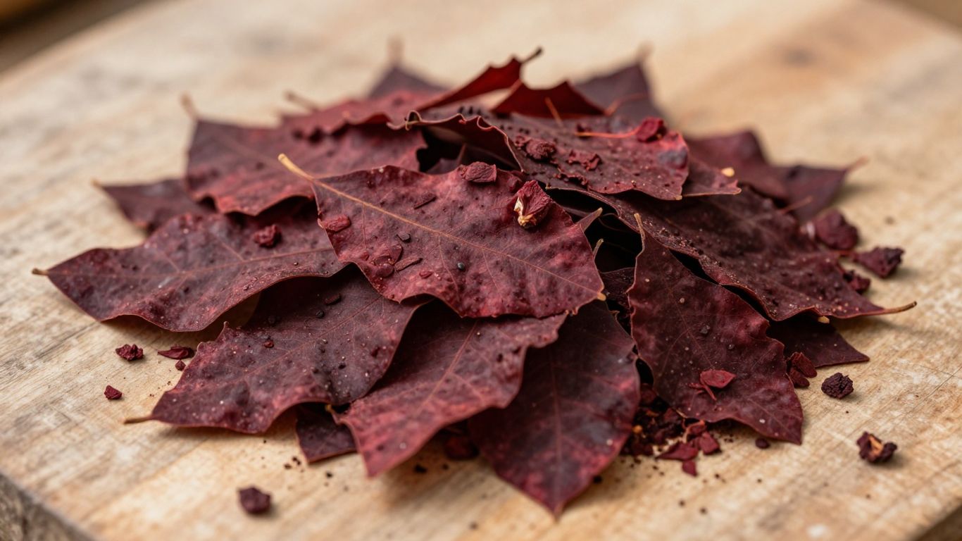 Red Bali kratom leaves on a wooden surface.