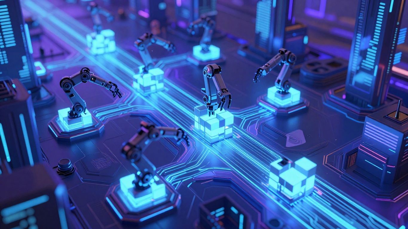 Futuristic cityscape with automated processes and glowing pathways.