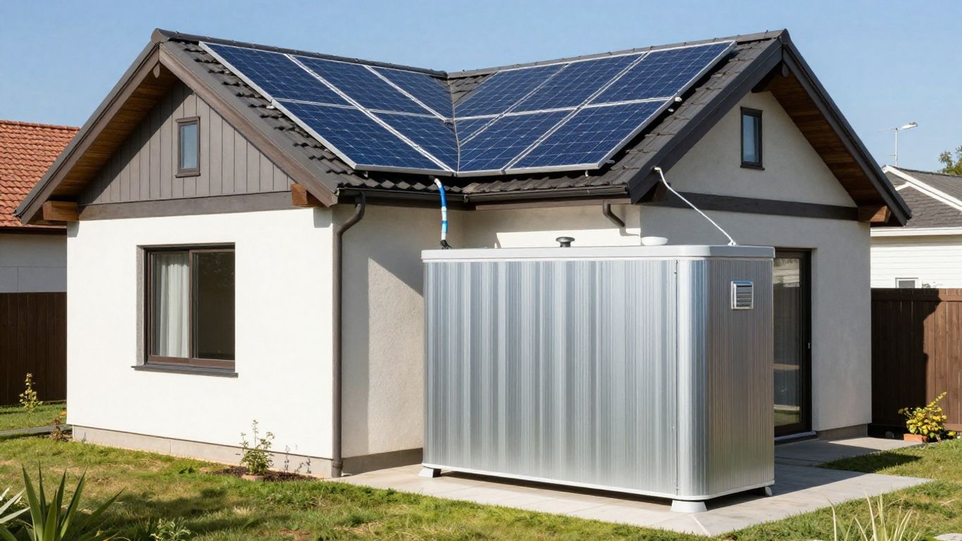 Batterie solaire domestique connectée à des panneaux solaires sur un toit.